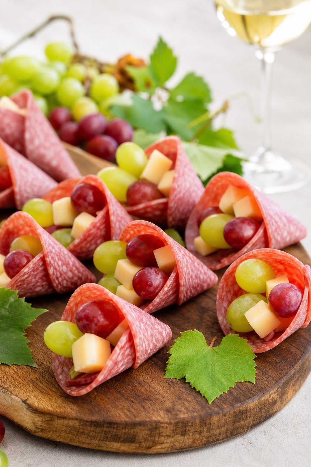 22 Costco Party Appetizers Hacks That Will Make You the Host with the Most 16 Mini charcuterie cones filled with salami, grapes, and cheese arranged on a wooden serving board.