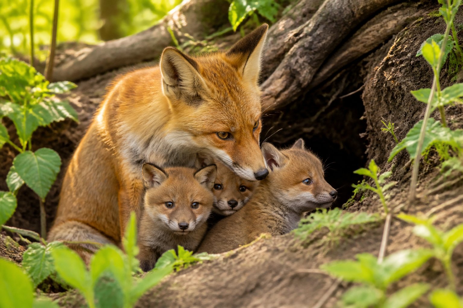Two adult red foxes with several young fox kits at the entrance of a den in a green forest setting.
