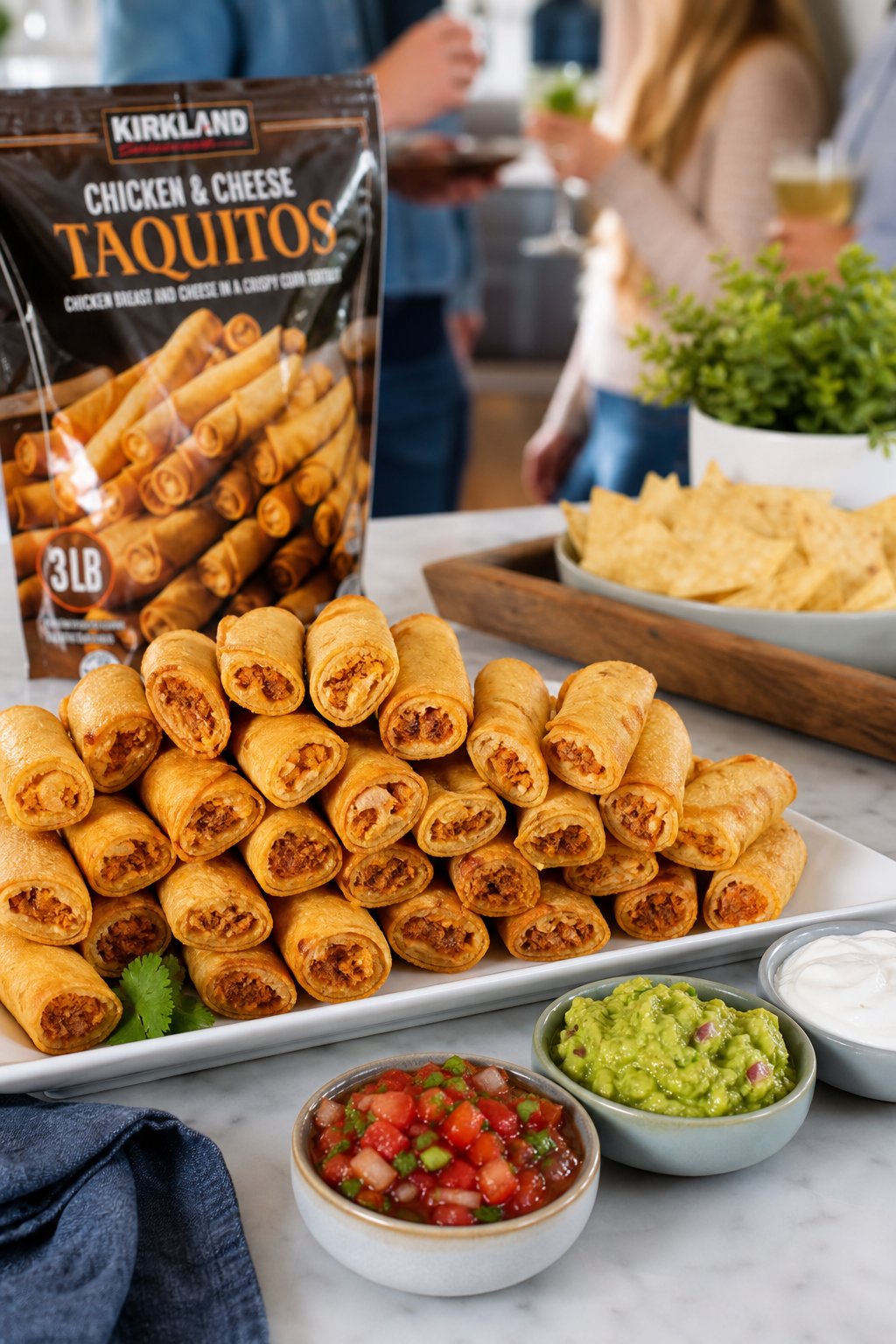 22 Costco Party Appetizers Hacks That Will Make You the Host with the Most 17 Crisped and sliced Kirkland Frozen Taquitos arranged on a platter with bowls of dipping sauces.
