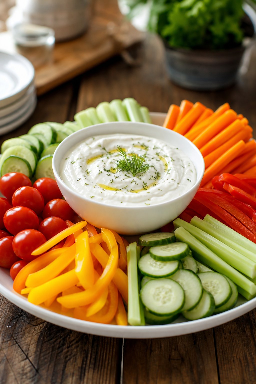 22 Costco Party Appetizers Hacks That Will Make You the Host with the Most 18 A bowl of Greek yogurt dip surrounded by an assortment of fresh vegetable sticks on a wooden table.