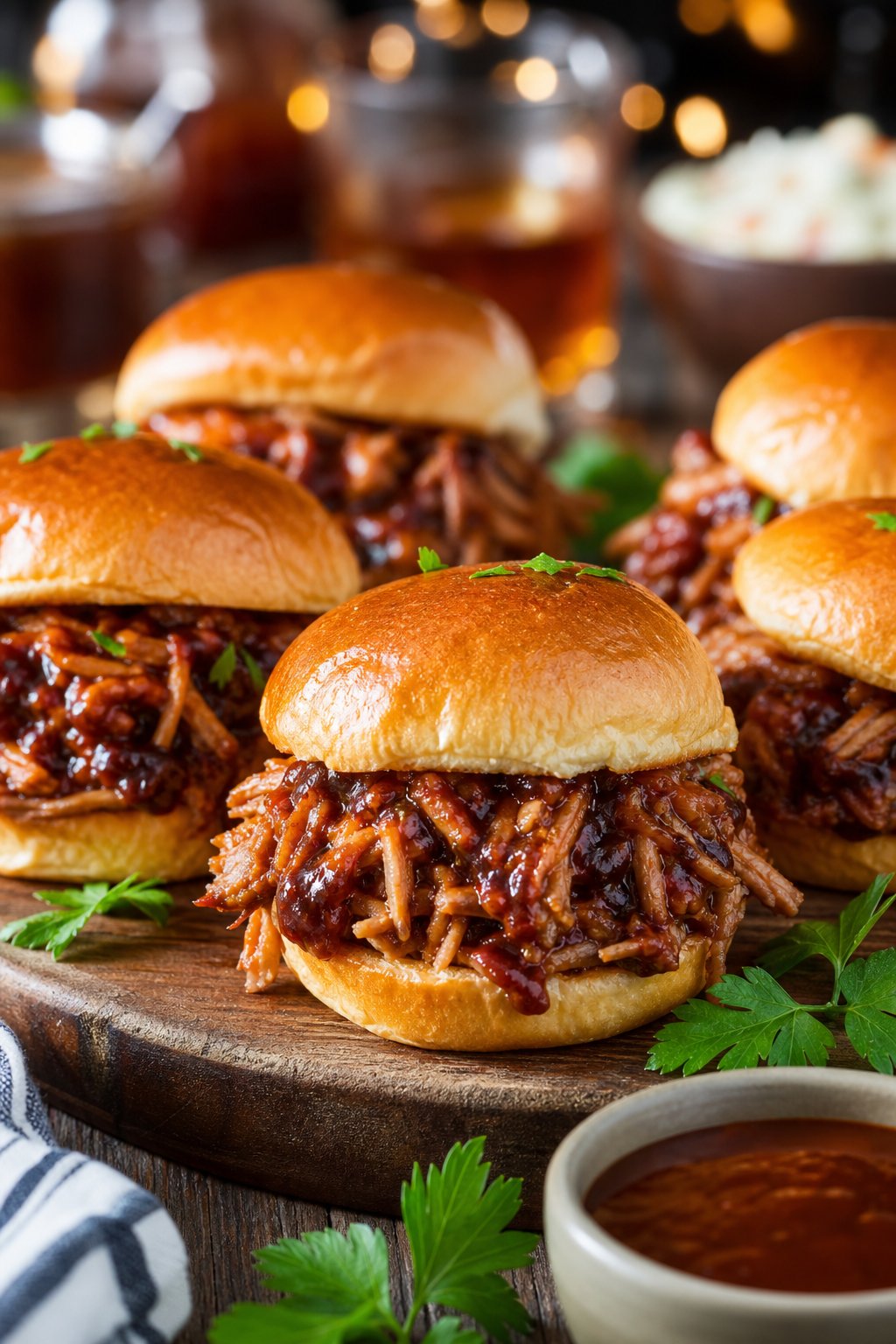 22 Costco Party Appetizers Hacks That Will Make You the Host with the Most 19 Close-up of pulled pork sliders on potato rolls arranged on a wooden board with herbs and BBQ sauce.
