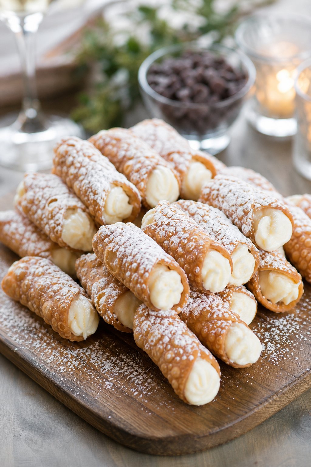 22 Costco Party Appetizers Hacks That Will Make You the Host with the Most 20 A plate of mini cannoli dusted with powdered sugar arranged on a wooden serving board.