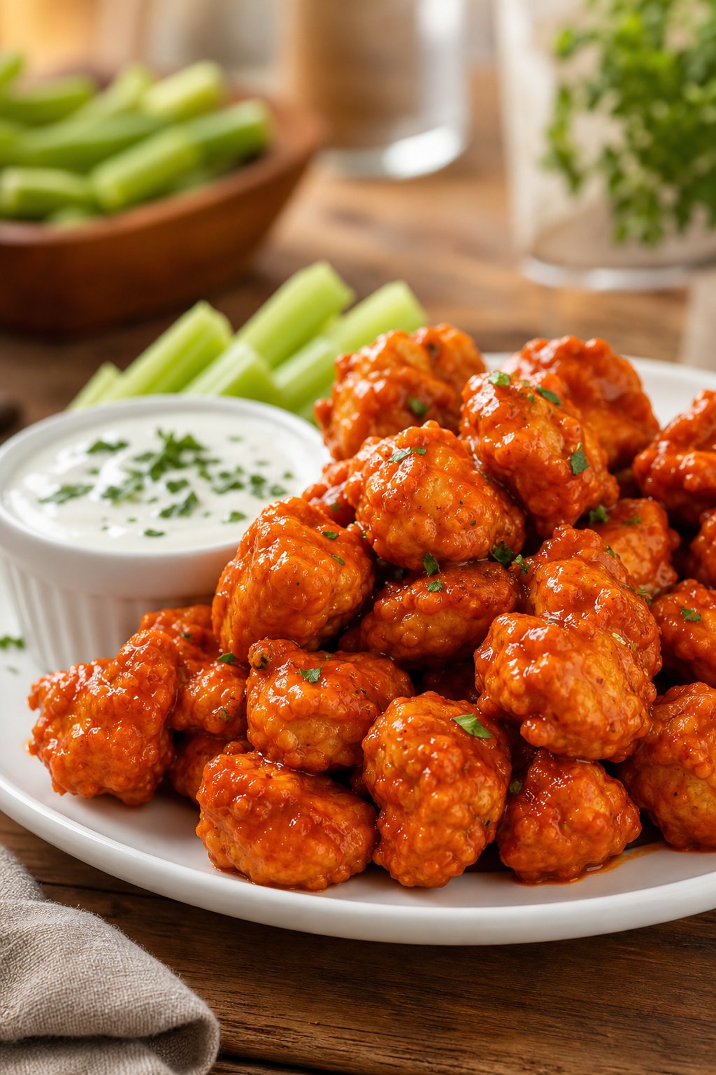 22 Costco Party Appetizers Hacks That Will Make You the Host with the Most 21 Plate of buffalo-style chicken bites with a bowl of ranch dip on a wooden table.