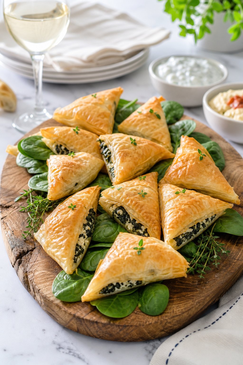 22 Costco Party Appetizers Hacks That Will Make You the Host with the Most 22 A platter of golden baked spinach and feta phyllo triangles garnished with fresh spinach leaves on a kitchen countertop.