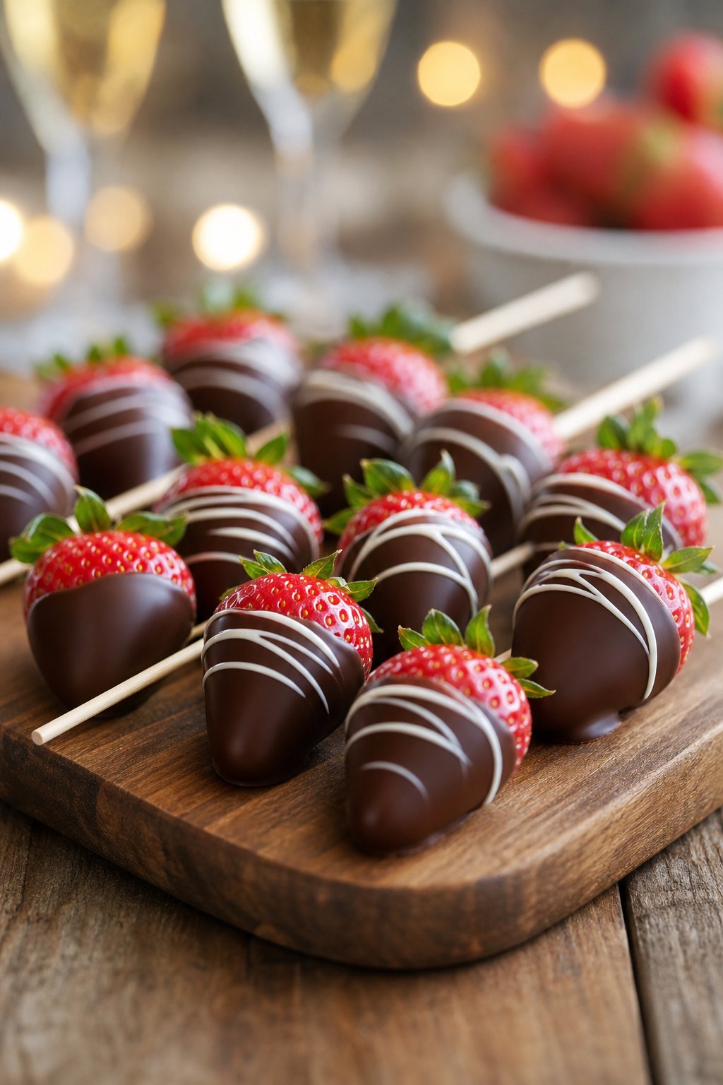22 Costco Party Appetizers Hacks That Will Make You the Host with the Most 23 Close-up of chocolate-covered strawberries on wooden skewers arranged on a serving board.