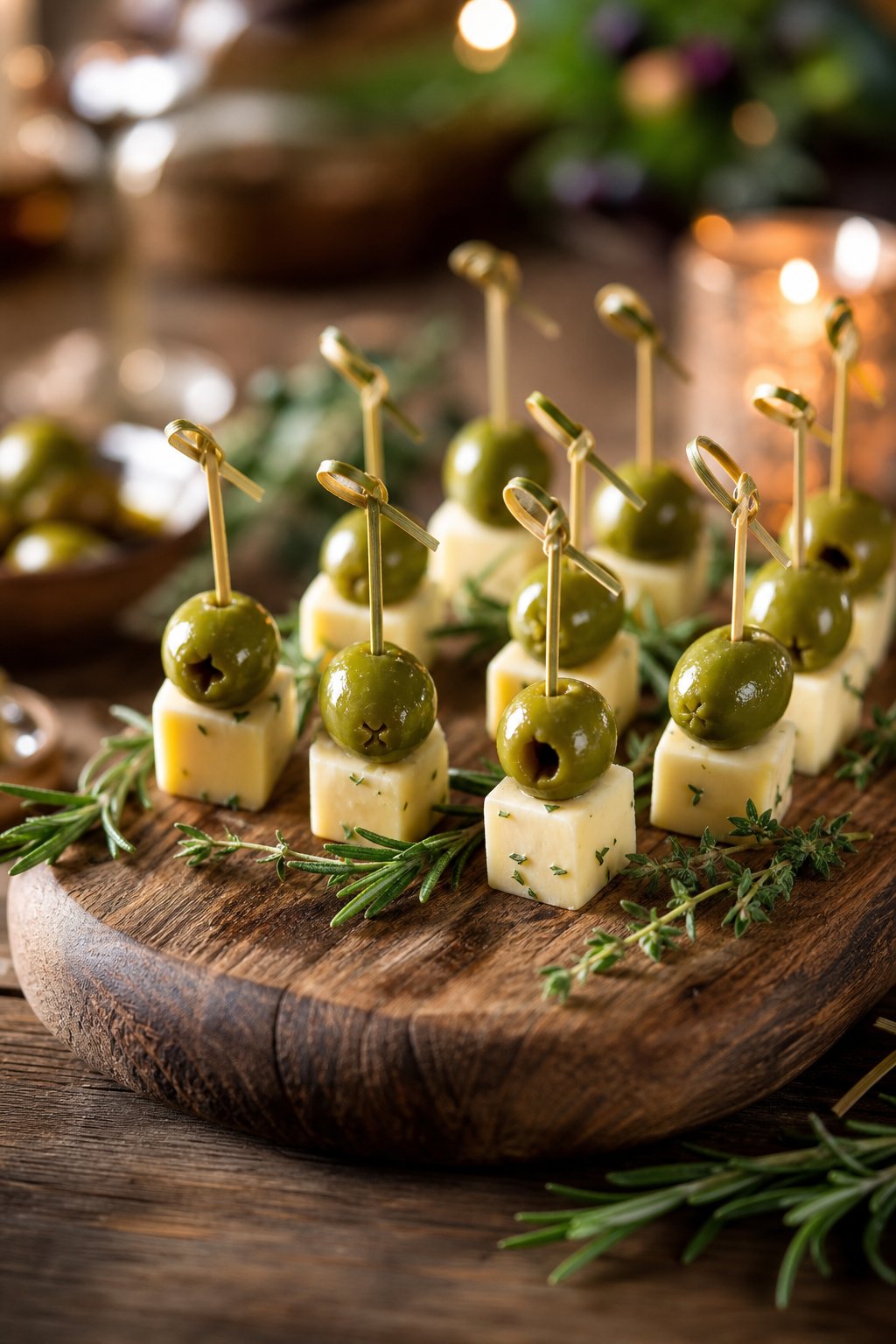22 Costco Party Appetizers Hacks That Will Make You the Host with the Most 24 A platter of skewers with green olives and cheese cubes arranged on a wooden board.