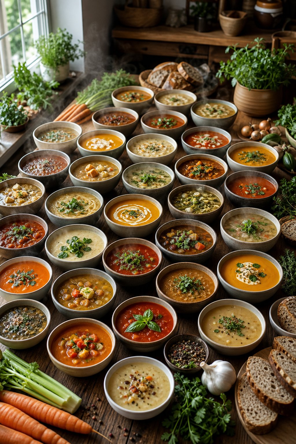27 Cozy Healthy Soup Recipes That Will Warm Your Soul and Nourish Your Body This Winter 2 A variety of colorful bowls of healthy soups arranged on a wooden table with fresh ingredients and bread, steam rising to show warmth.