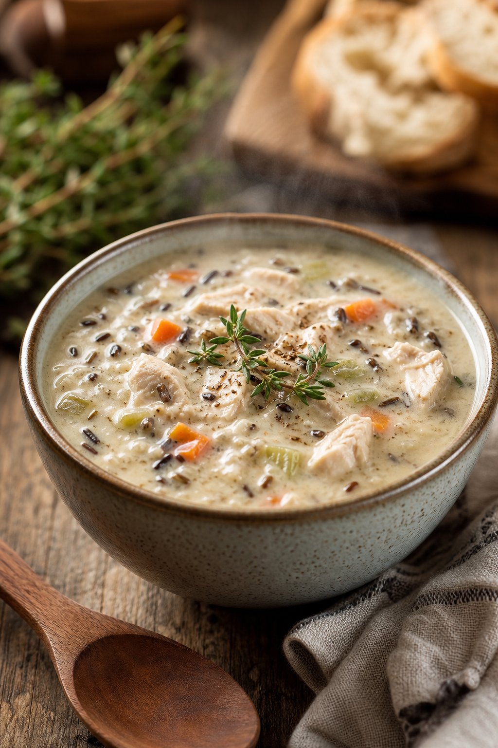 27 Cozy Healthy Soup Recipes That Will Warm Your Soul and Nourish Your Body This Winter 3 A bowl of creamy chicken and wild rice soup garnished with fresh thyme on a wooden table with a spoon and napkin nearby.