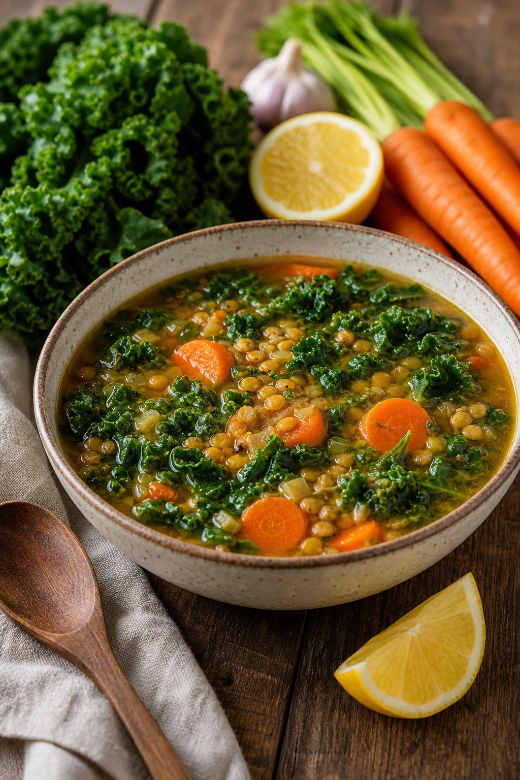 27 Cozy Healthy Soup Recipes That Will Warm Your Soul and Nourish Your Body This Winter 4 A bowl of lentil, carrot, and kale soup with a lemon wedge on a wooden table surrounded by fresh vegetables and a wooden spoon.