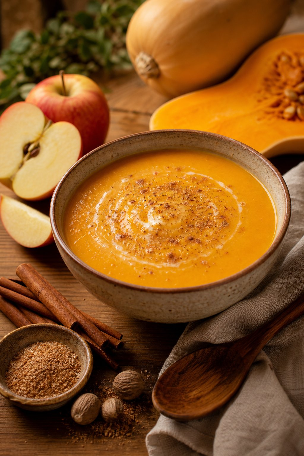 27 Cozy Healthy Soup Recipes That Will Warm Your Soul and Nourish Your Body This Winter 5 A bowl of butternut squash and apple soup garnished with nutmeg, surrounded by fresh squash, apples, and spices on a wooden table.