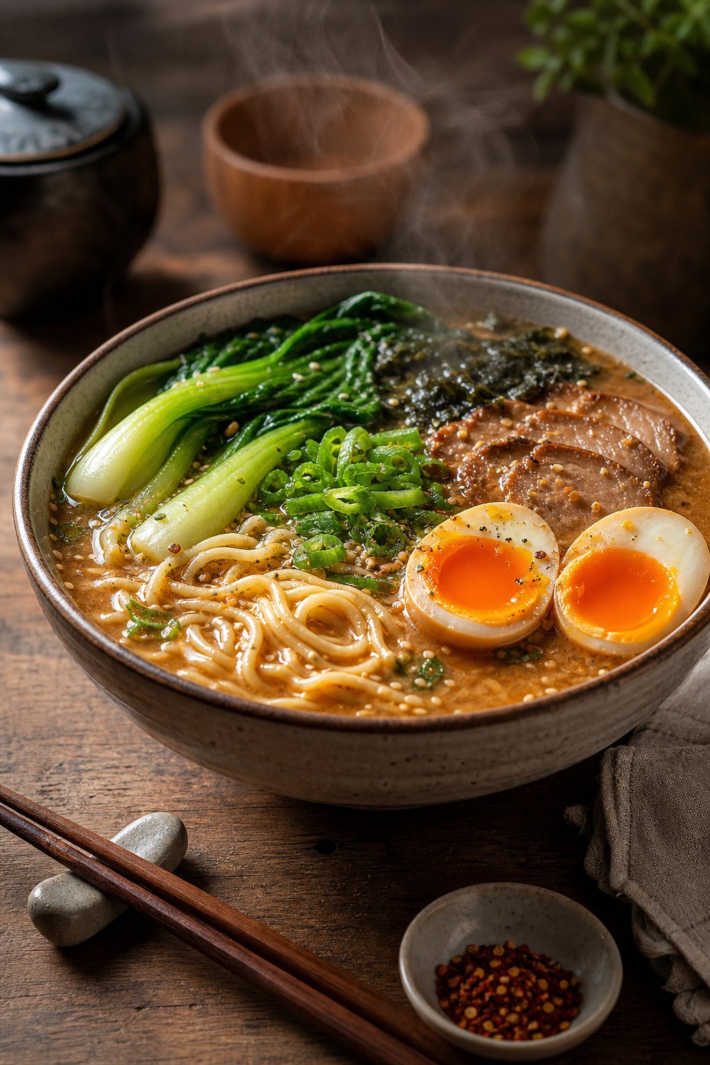 27 Cozy Healthy Soup Recipes That Will Warm Your Soul and Nourish Your Body This Winter 6 A bowl of miso ramen with soft-boiled eggs and bok choy on a wooden table, with chopsticks and a small dish nearby.