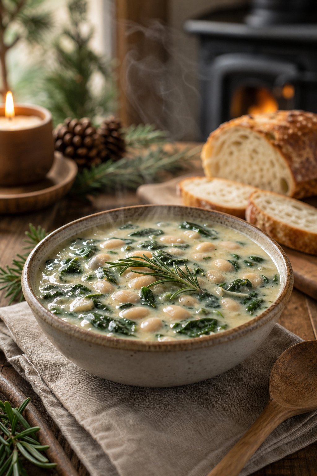 27 Cozy Healthy Soup Recipes That Will Warm Your Soul and Nourish Your Body This Winter 7 A bowl of white bean, spinach, and rosemary soup on a wooden table with a spoon and bread nearby.