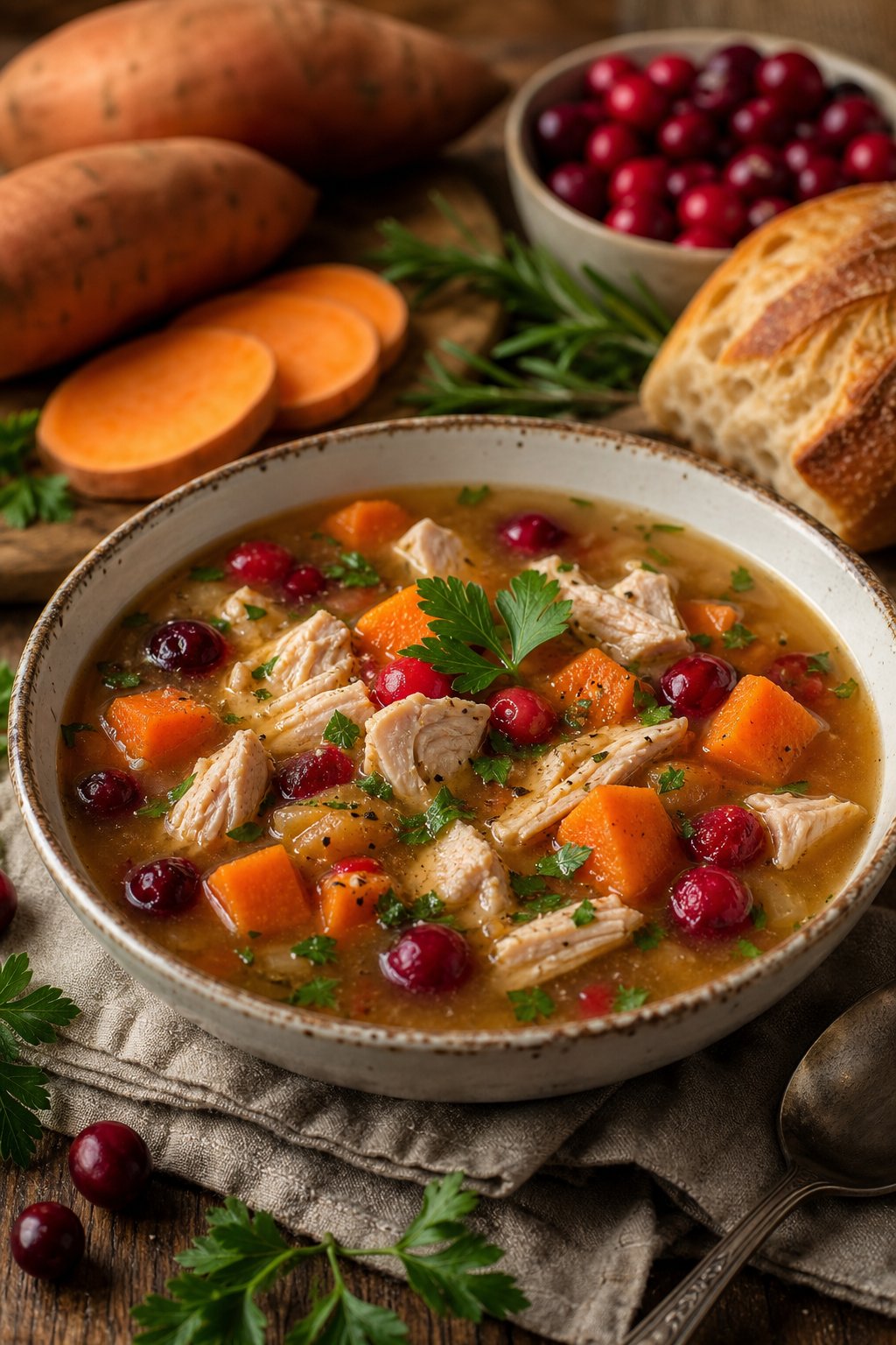 27 Cozy Healthy Soup Recipes That Will Warm Your Soul and Nourish Your Body This Winter 8 A bowl of turkey, sweet potato, and cranberry soup on a wooden table with fresh ingredients and bread nearby.