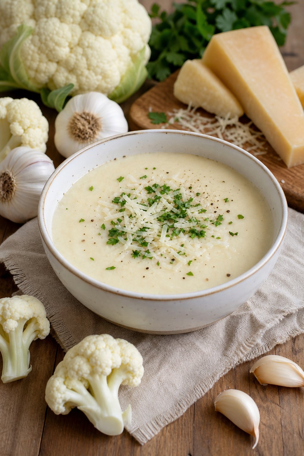 27 Cozy Healthy Soup Recipes That Will Warm Your Soul and Nourish Your Body This Winter 9 A bowl of creamy cauliflower and garlic soup garnished with Parmesan and parsley on a wooden table with fresh cauliflower and garlic nearby.