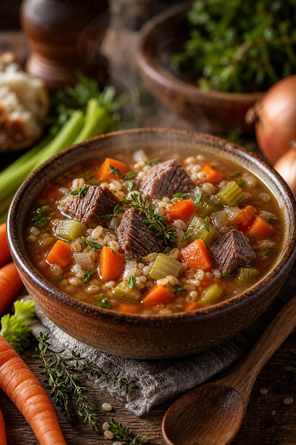 27 Cozy Healthy Soup Recipes That Will Warm Your Soul and Nourish Your Body This Winter 10 A bowl of steaming beef barley soup with diced vegetables on a wooden table, surrounded by fresh ingredients and a wooden spoon.