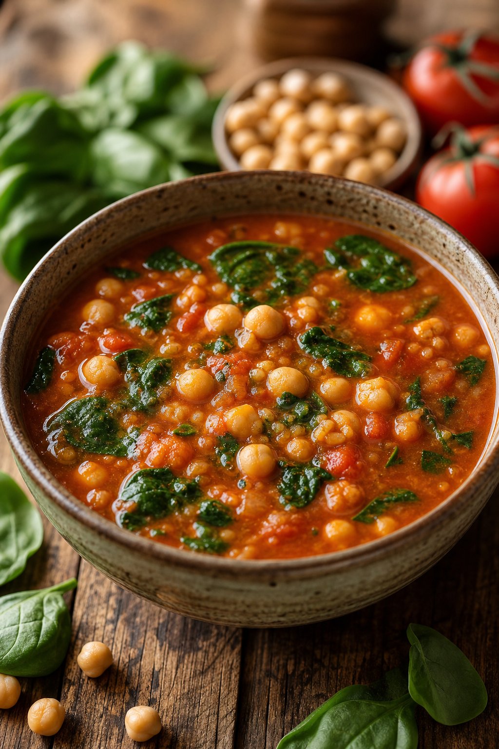 27 Cozy Healthy Soup Recipes That Will Warm Your Soul and Nourish Your Body This Winter 11 A bowl of chickpea, tomato, and spinach soup on a wooden table with fresh ingredients around it.