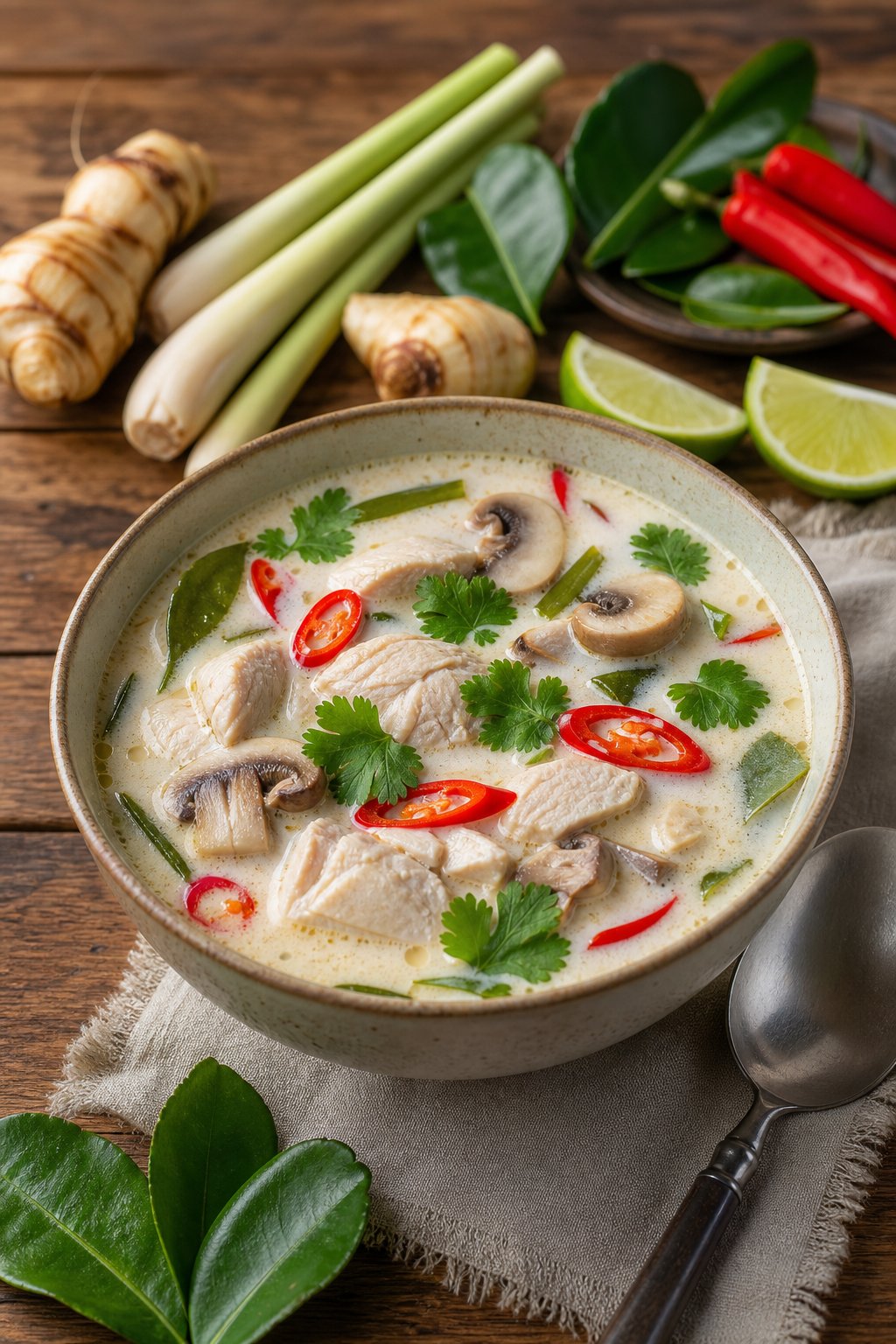27 Cozy Healthy Soup Recipes That Will Warm Your Soul and Nourish Your Body This Winter 12 A bowl of Thai coconut chicken soup with chicken, mushrooms, cilantro, and chili on a wooden table surrounded by fresh herbs and ingredients.