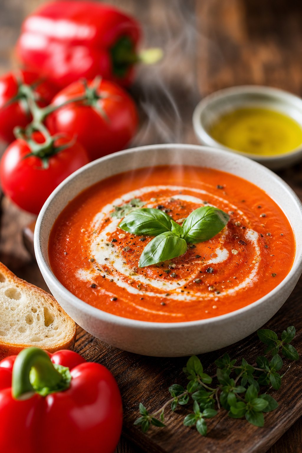 27 Cozy Healthy Soup Recipes That Will Warm Your Soul and Nourish Your Body This Winter 13 A steaming bowl of smoky roasted red pepper and tomato soup garnished with cream and basil on a wooden table with fresh red peppers and tomatoes nearby.