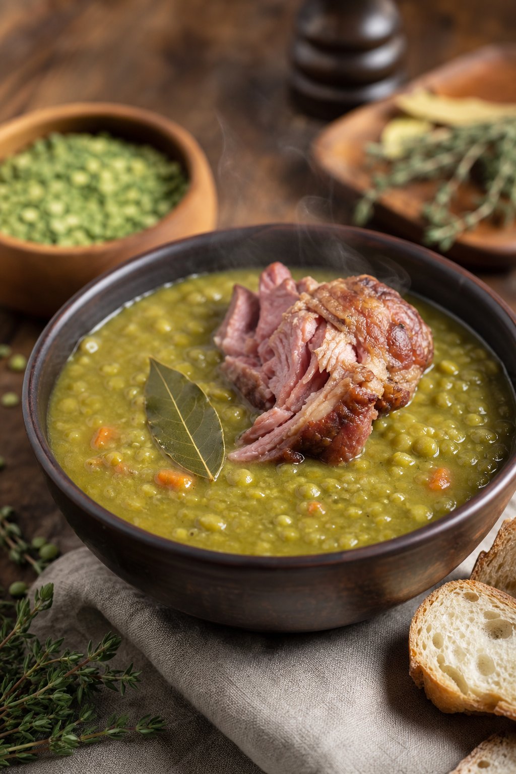 27 Cozy Healthy Soup Recipes That Will Warm Your Soul and Nourish Your Body This Winter 14 A bowl of split pea soup with a ham hock and bay leaf on a wooden table surrounded by bread and herbs.