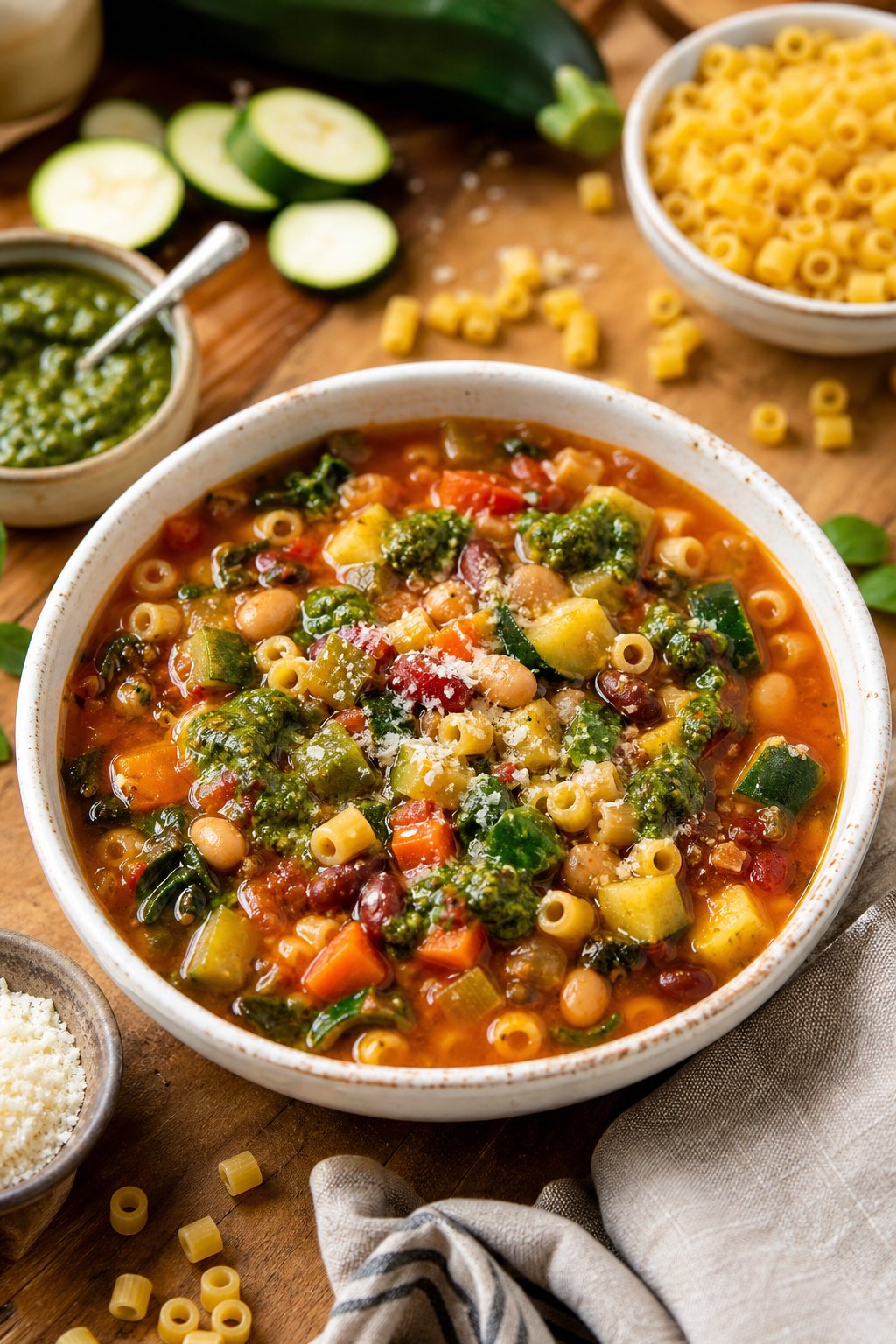 27 Cozy Healthy Soup Recipes That Will Warm Your Soul and Nourish Your Body This Winter 15 A bowl of minestrone soup with zucchini, pasta, and pesto on a wooden table with fresh ingredients around it.