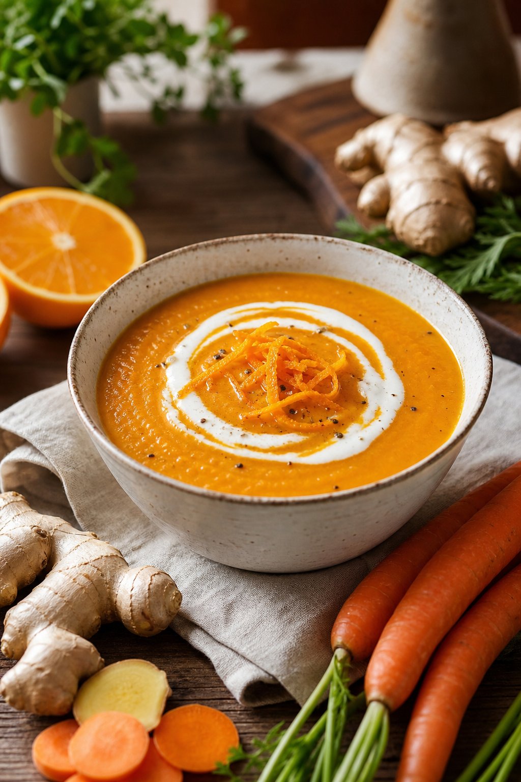 27 Cozy Healthy Soup Recipes That Will Warm Your Soul and Nourish Your Body This Winter 16 A bowl of ginger-carrot soup topped with yogurt and orange zest, surrounded by fresh carrots, ginger, and orange slices on a wooden table.