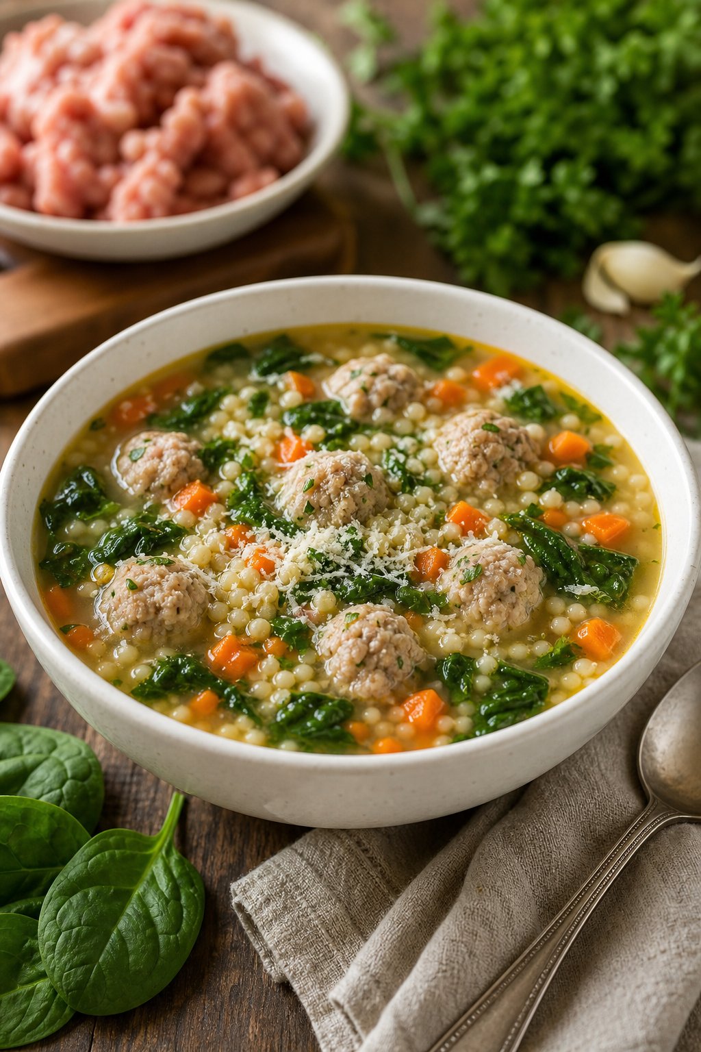 27 Cozy Healthy Soup Recipes That Will Warm Your Soul and Nourish Your Body This Winter 17 A bowl of Italian wedding soup with mini turkey meatballs, spinach, pasta, and carrots on a wooden table with a spoon and fresh ingredients nearby.