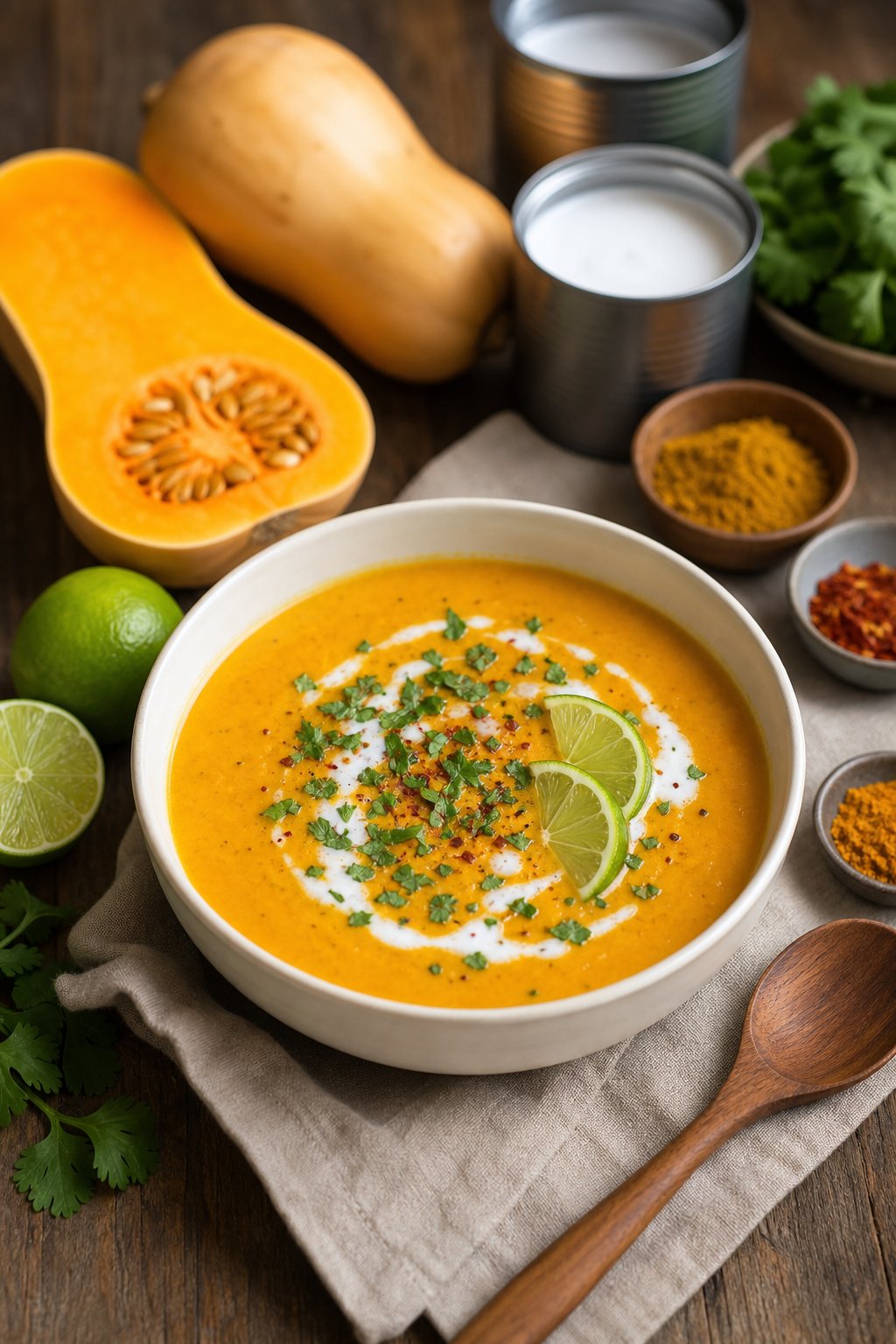 27 Cozy Healthy Soup Recipes That Will Warm Your Soul and Nourish Your Body This Winter 18 A bowl of coconut curried butternut soup garnished with lime wedges and herbs on a wooden table surrounded by ingredients.