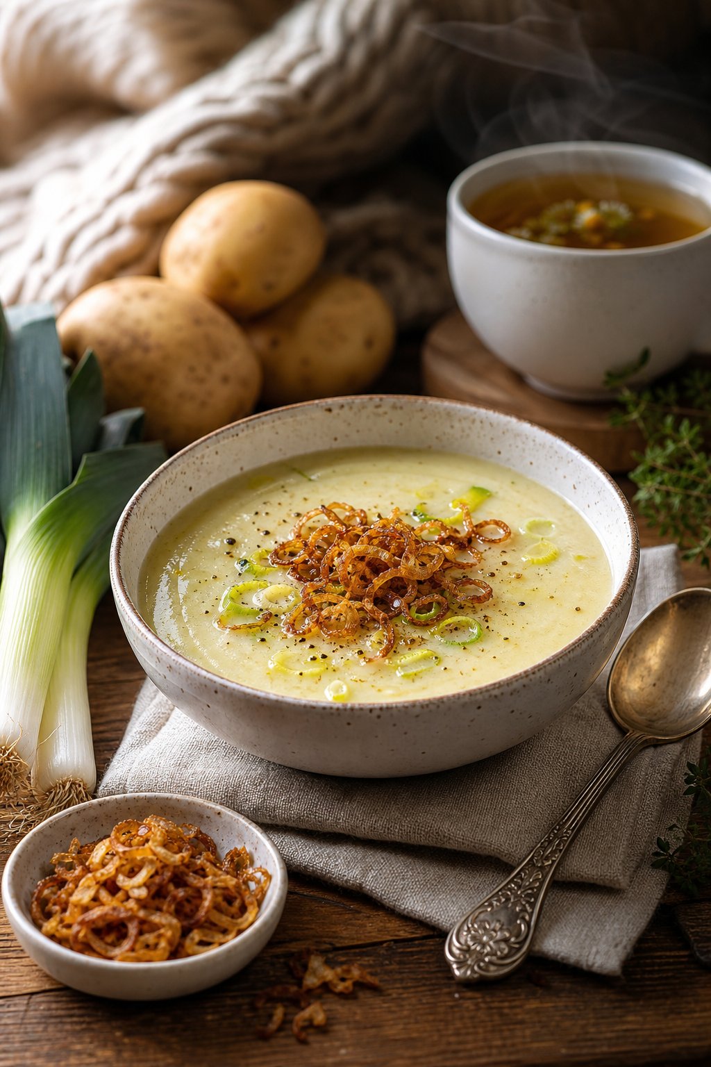 27 Cozy Healthy Soup Recipes That Will Warm Your Soul and Nourish Your Body This Winter 19 A bowl of creamy potato-leek soup topped with crispy shallots on a wooden table with fresh leeks and potatoes nearby.