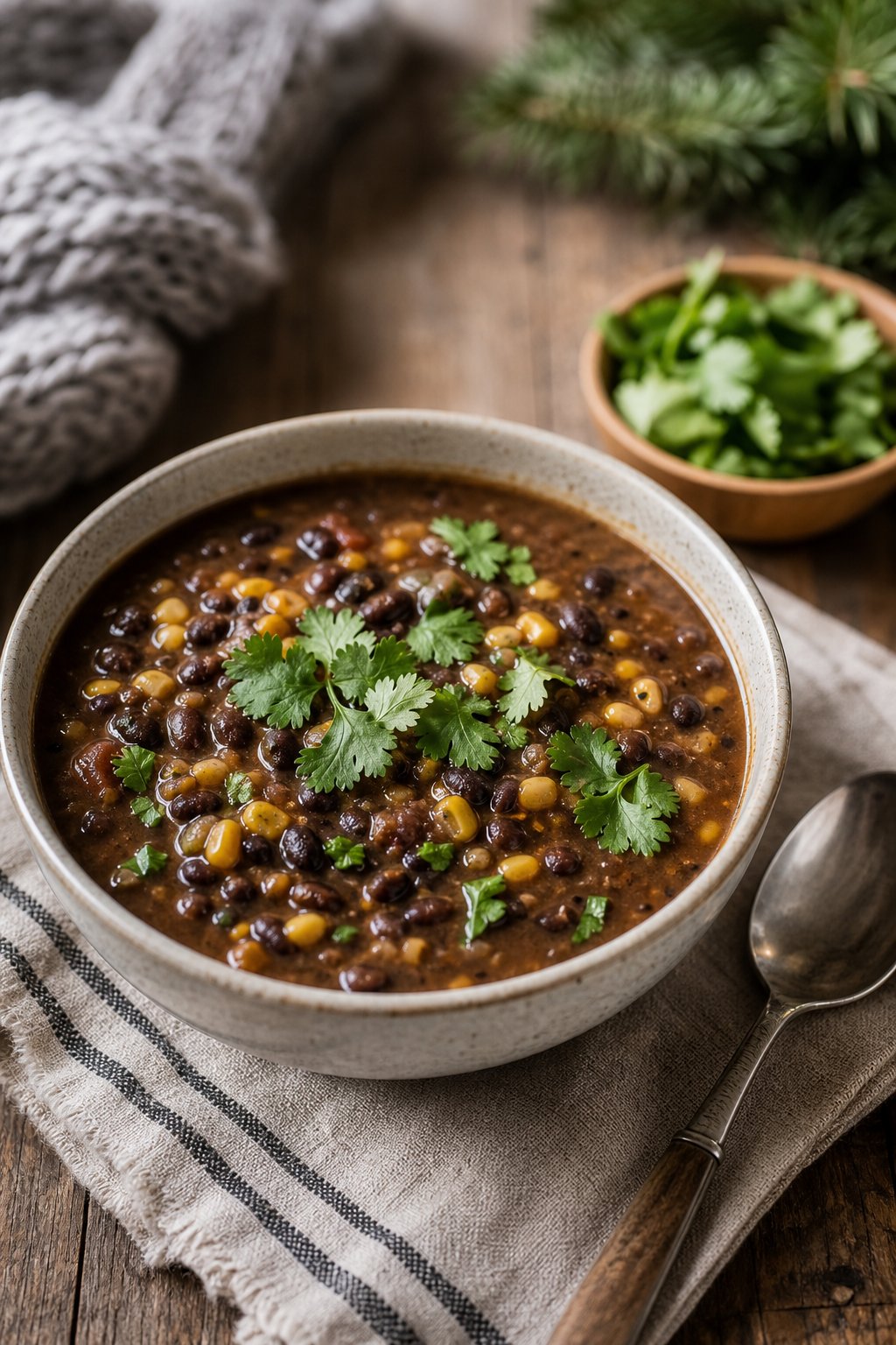 27 Cozy Healthy Soup Recipes That Will Warm Your Soul and Nourish Your Body This Winter 20 A bowl of black bean and sweet corn soup topped with fresh cilantro on a wooden table with a spoon and napkin nearby.