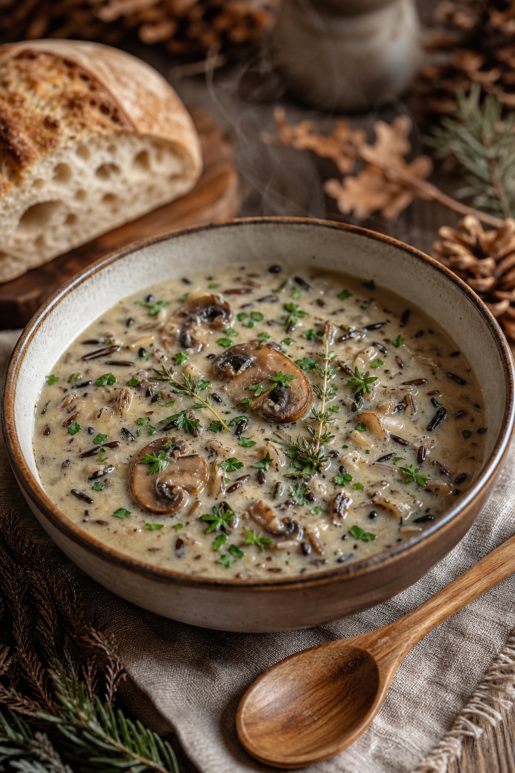 27 Cozy Healthy Soup Recipes That Will Warm Your Soul and Nourish Your Body This Winter 21 A steaming bowl of creamy mushroom and wild rice soup on a wooden table with fresh herbs and bread nearby.