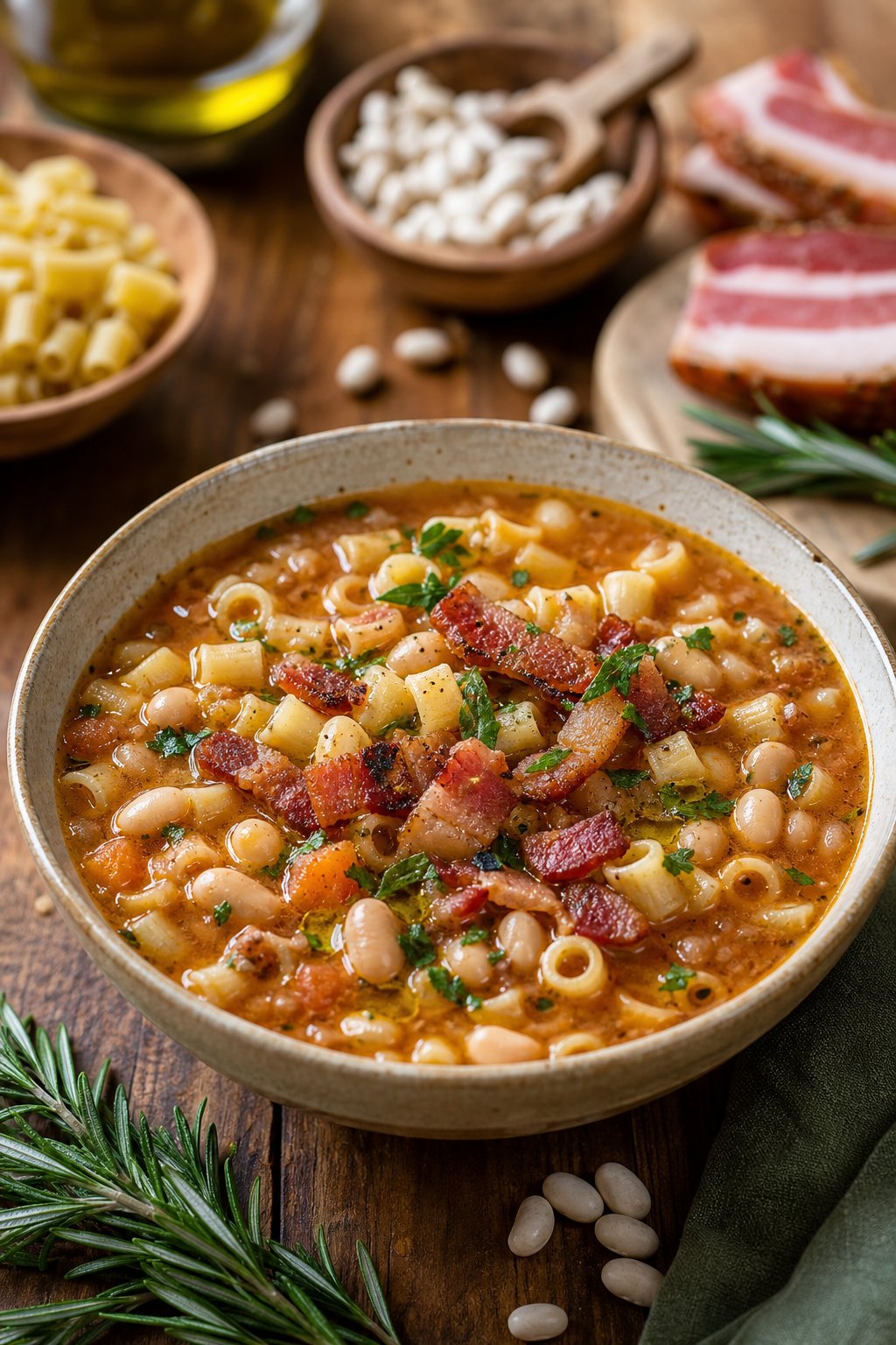 27 Cozy Healthy Soup Recipes That Will Warm Your Soul and Nourish Your Body This Winter 22 A bowl of Pasta e Fagioli soup with pasta, white beans, and pancetta garnished with herbs on a wooden table surrounded by ingredients.