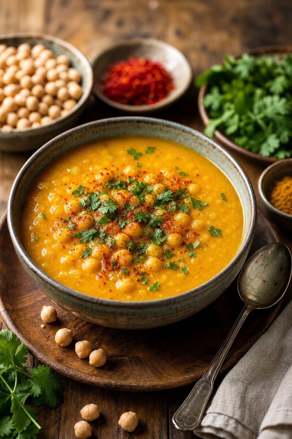 27 Cozy Healthy Soup Recipes That Will Warm Your Soul and Nourish Your Body This Winter 23 A bowl of saffron and chickpea Moroccan soup garnished with fresh herbs on a wooden table with ingredients and a spoon nearby.