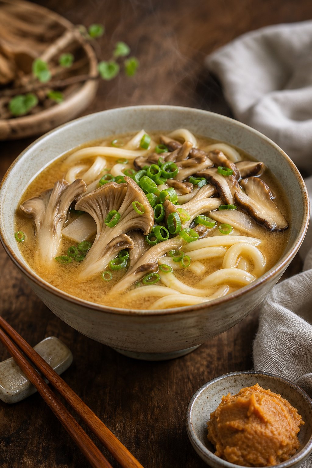 27 Cozy Healthy Soup Recipes That Will Warm Your Soul and Nourish Your Body This Winter 24 A steaming bowl of oyster mushroom and miso broth with udon noodles on a wooden table, garnished with scallions and mushrooms.