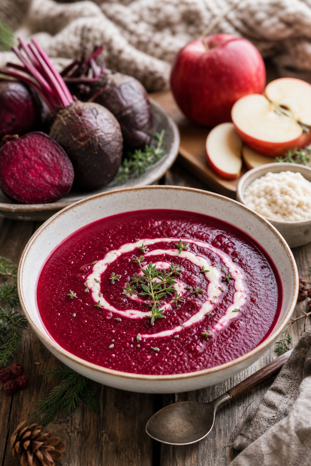 27 Cozy Healthy Soup Recipes That Will Warm Your Soul and Nourish Your Body This Winter 25 A bowl of roasted beet and apple soup garnished with horseradish sauce and fresh herbs on a wooden table, surrounded by fresh beets, apples, and horseradish.