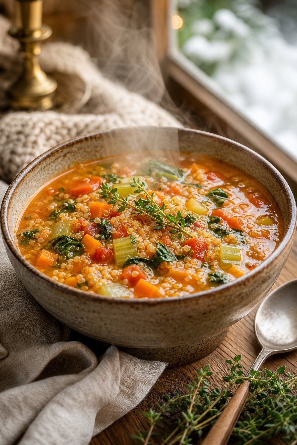 27 Cozy Healthy Soup Recipes That Will Warm Your Soul and Nourish Your Body This Winter 26 A bowl of spiced quinoa and vegetable soup with visible vegetables and herbs on a wooden table.