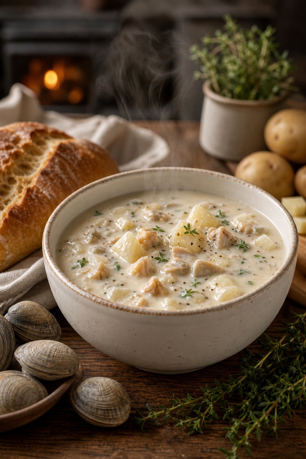 27 Cozy Healthy Soup Recipes That Will Warm Your Soul and Nourish Your Body This Winter 27 A steaming bowl of creamy New England clam chowder with clams and potatoes, surrounded by fresh ingredients and bread on a wooden table.