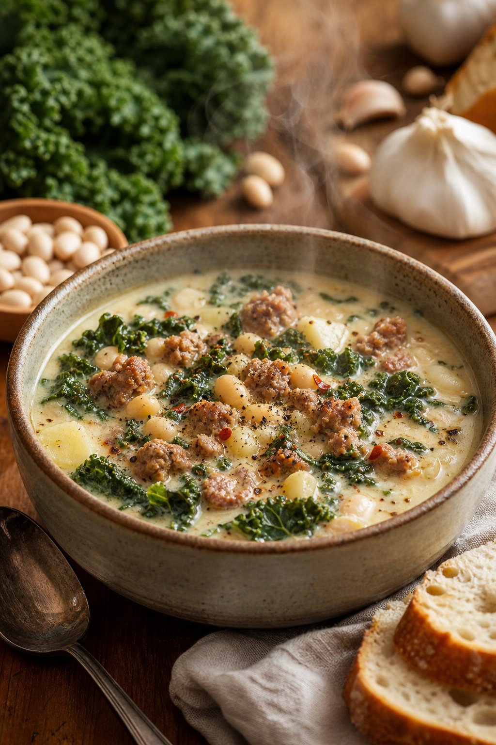 27 Cozy Healthy Soup Recipes That Will Warm Your Soul and Nourish Your Body This Winter 28 A bowl of Zuppa Toscana soup with kale and white beans on a wooden table surrounded by fresh ingredients and bread.