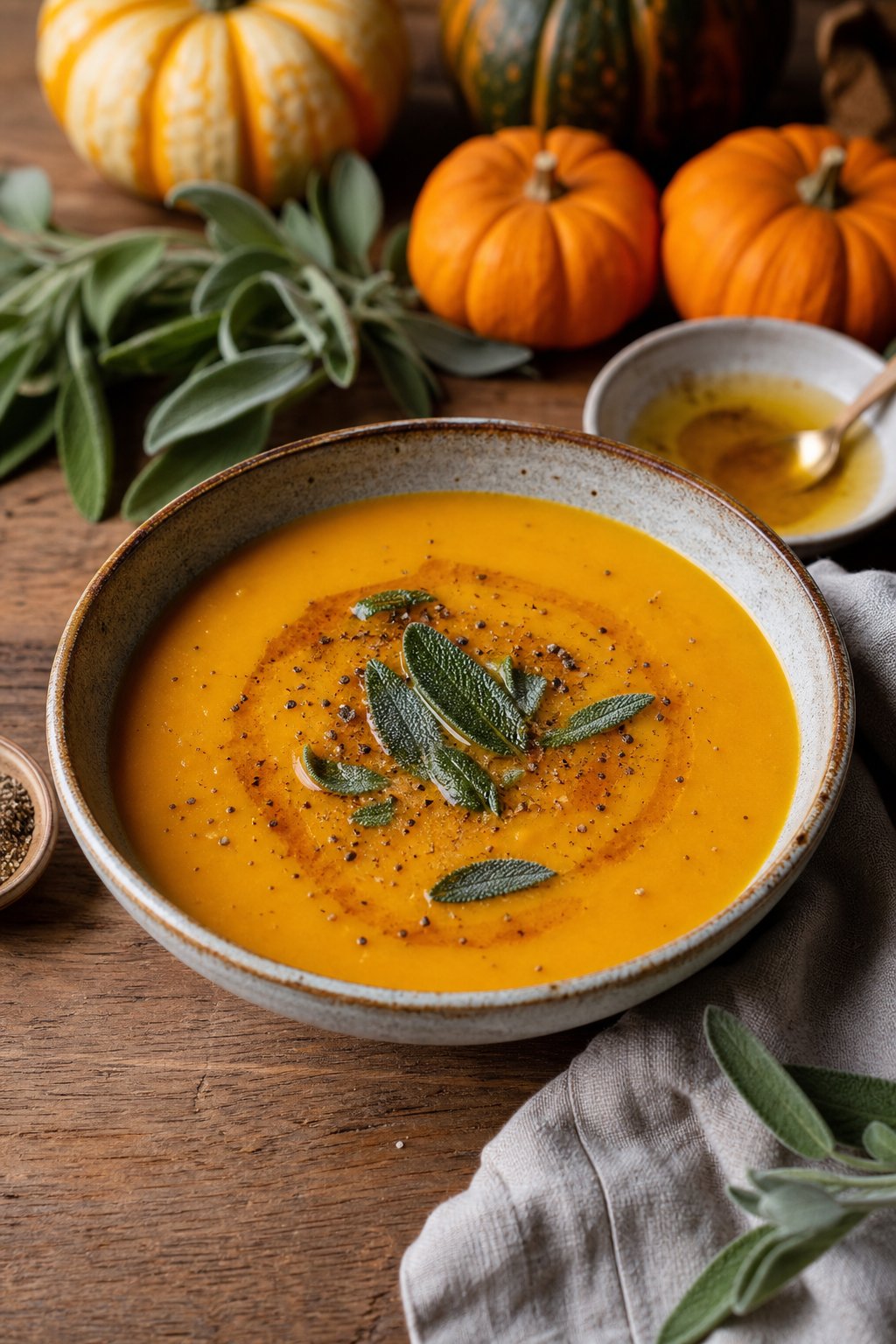 27 Cozy Healthy Soup Recipes That Will Warm Your Soul and Nourish Your Body This Winter 29 A bowl of pumpkin, sage, and brown butter soup garnished with sage leaves on a wooden table with pumpkins and herbs around it.