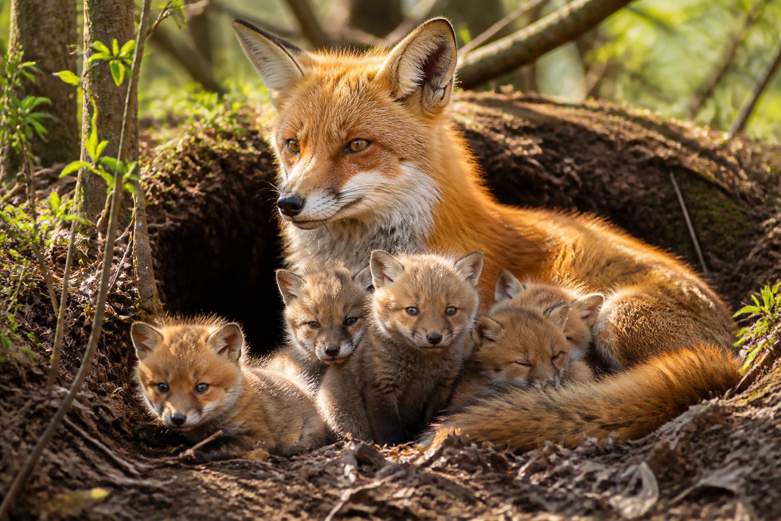 A red fox mother watching over her small kits in a forest den surrounded by green plants and soft sunlight.