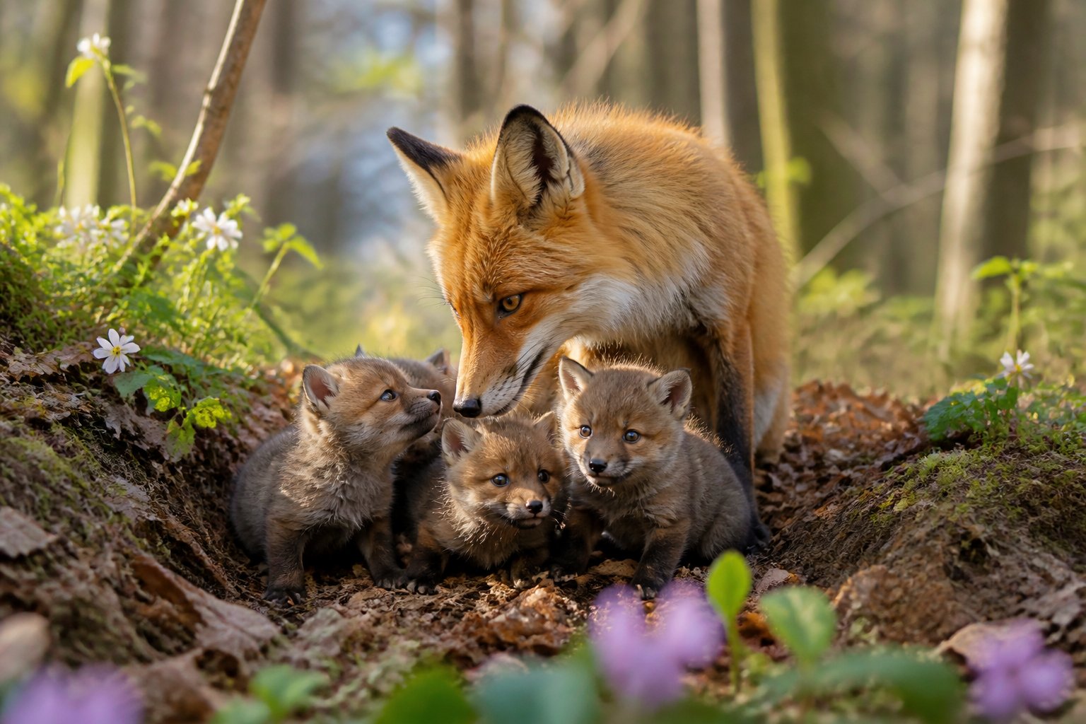 A mother red fox with her small kits in a woodland den surrounded by fresh spring foliage.