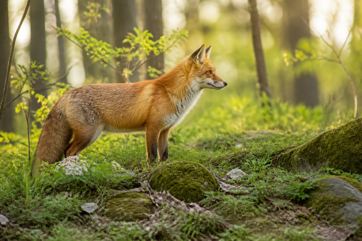 A red fox standing alert in a green forest clearing with early spring plants and soft sunlight.