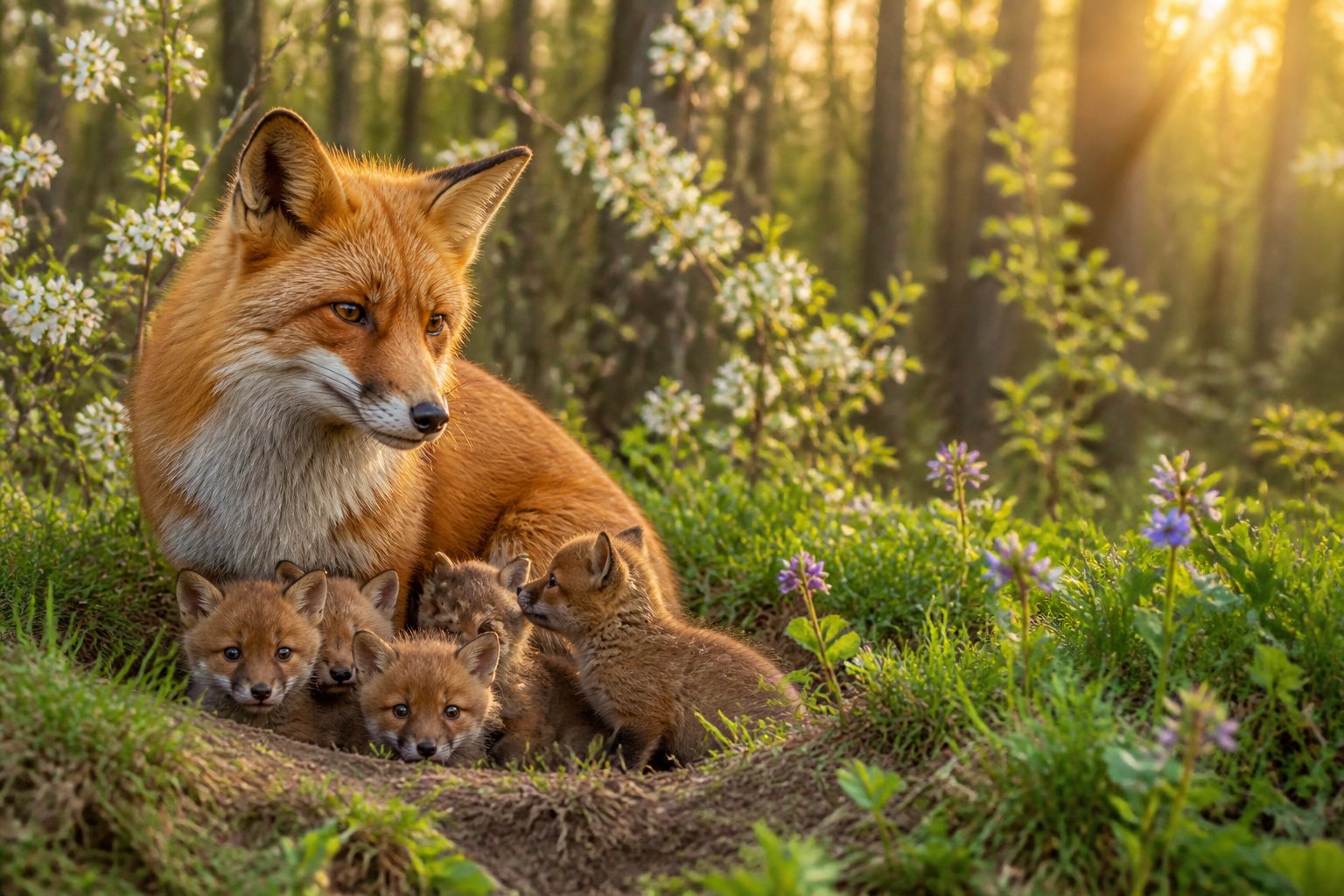 A mother fox with her small kits in a spring forest den surrounded by green grass and blooming wildflowers.