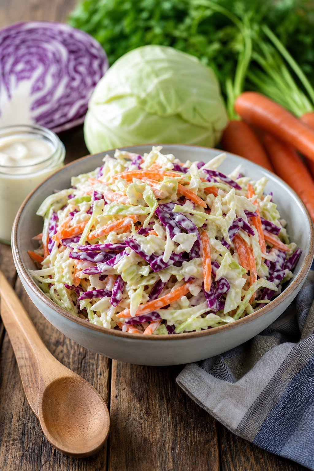 A bowl of fresh coleslaw with shredded cabbage and carrots on a wooden table with fresh ingredients around it.