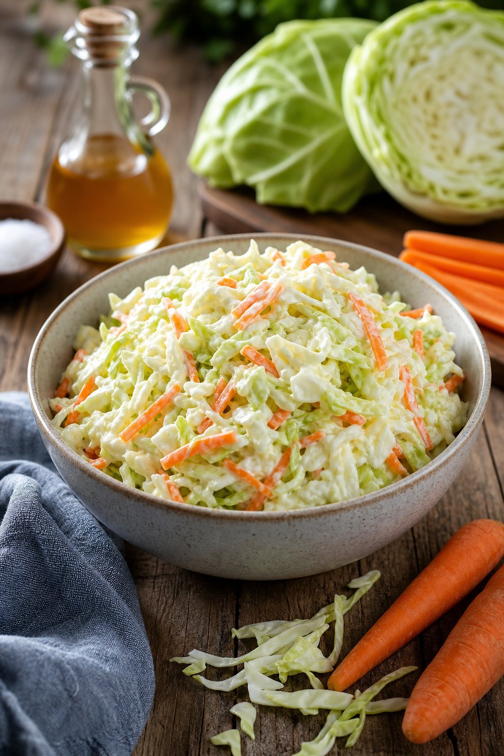 A bowl of creamy coleslaw with shredded cabbage and carrots on a wooden table, surrounded by fresh ingredients including cabbage leaves, carrot sticks, apple cider vinegar, and sugar.