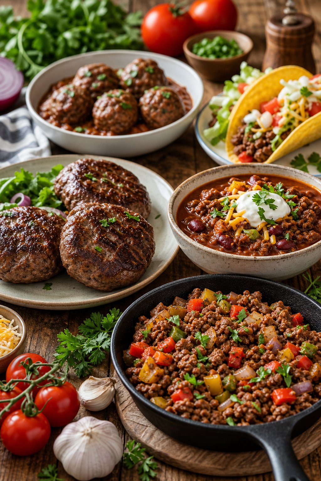 17 Easy Ground Beef Recipes That Taste Like Restaurant Quality: Simple Dishes for Delicious Meals 2 A table with several plates of different cooked ground beef dishes including patties, meatballs, tacos, and chili, surrounded by fresh ingredients.