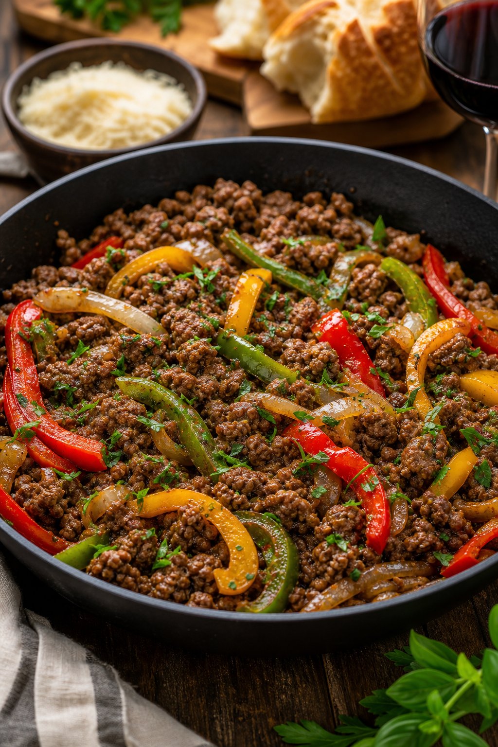 17 Easy Ground Beef Recipes That Taste Like Restaurant Quality: Simple Dishes for Delicious Meals 3 A skillet filled with cooked ground beef, colorful bell peppers, and onions on a wooden table, garnished with fresh herbs.