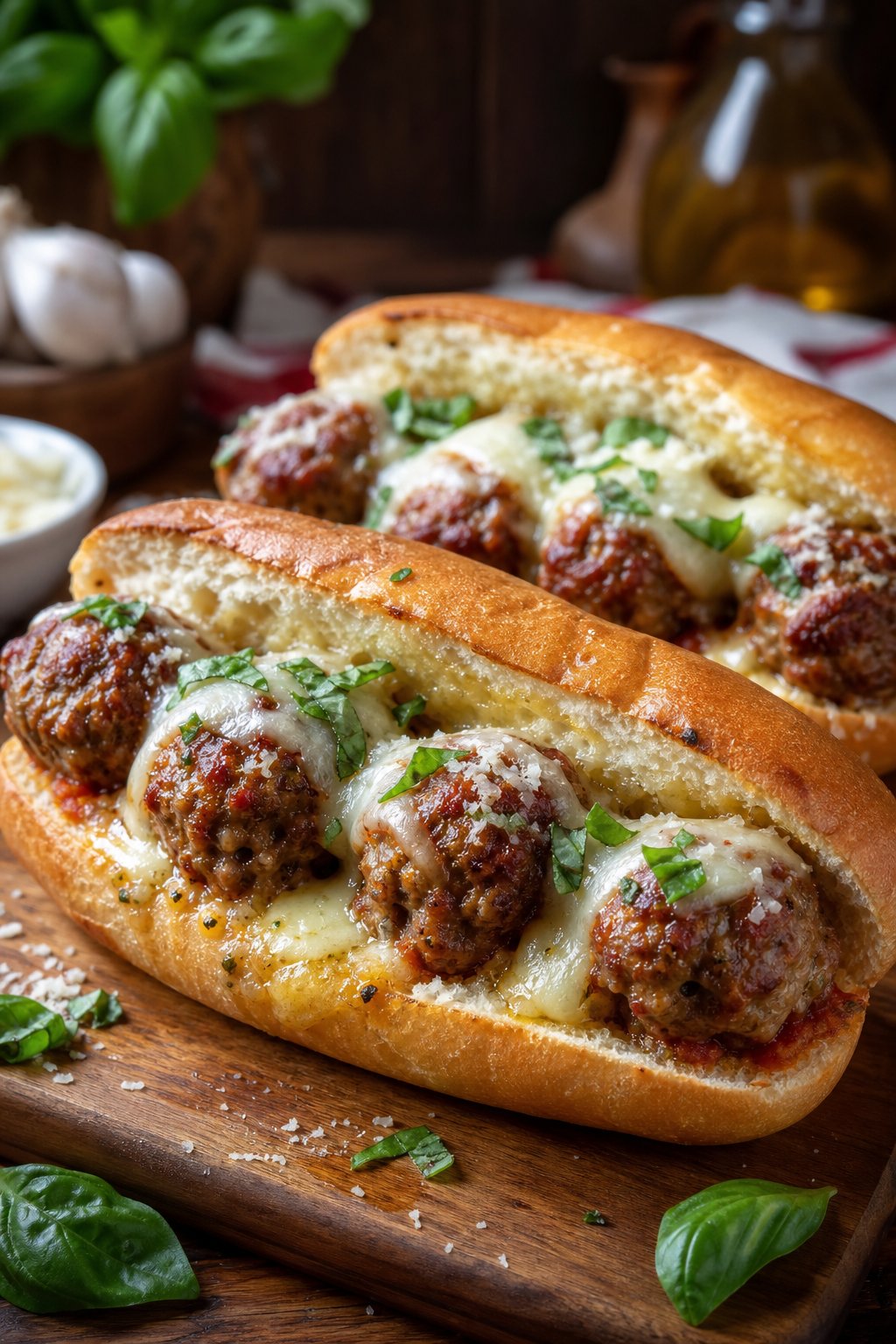 17 Easy Ground Beef Recipes That Taste Like Restaurant Quality: Simple Dishes for Delicious Meals 4 Close-up of garlic-butter stuffed meatball subs on a wooden board with melted cheese and fresh basil.