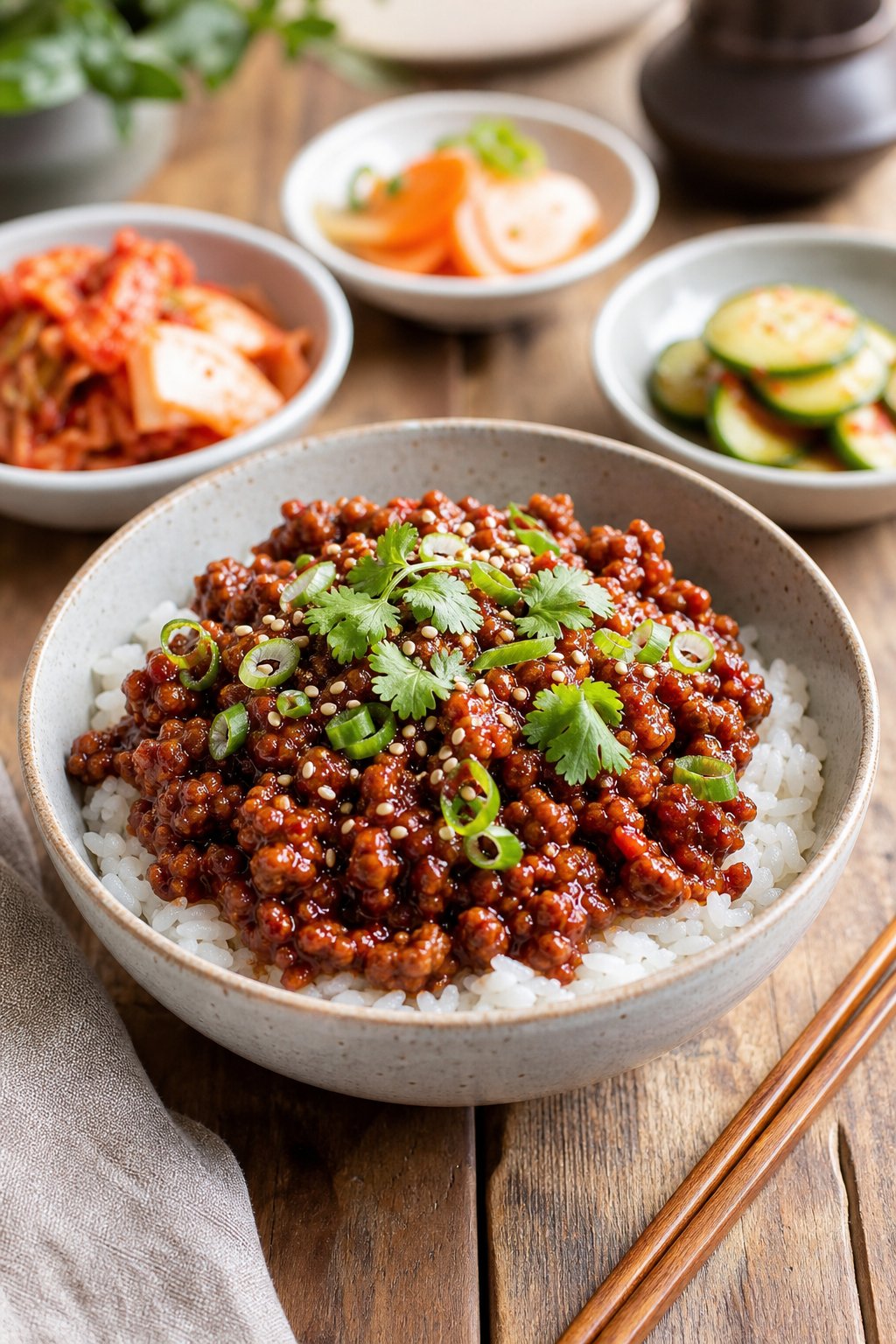 17 Easy Ground Beef Recipes That Taste Like Restaurant Quality: Simple Dishes for Delicious Meals 5 A bowl of Korean-style beef with rice, garnished with green onions and sesame seeds, surrounded by small side dishes on a wooden table.