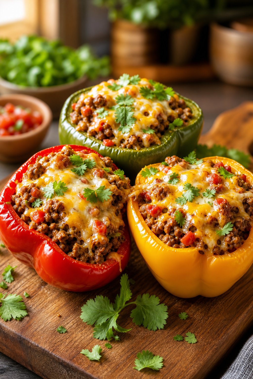 17 Easy Ground Beef Recipes That Taste Like Restaurant Quality: Simple Dishes for Delicious Meals 6 Three colorful bell peppers stuffed with cheesy ground beef mixture on a wooden board with fresh herbs.