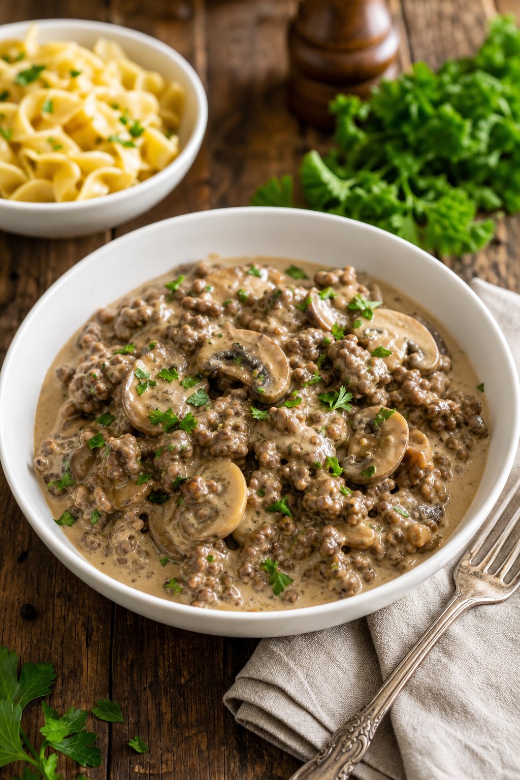 17 Easy Ground Beef Recipes That Taste Like Restaurant Quality: Simple Dishes for Delicious Meals 7 A bowl of beef and mushroom stroganoff with egg noodles on a wooden table, garnished with fresh parsley.